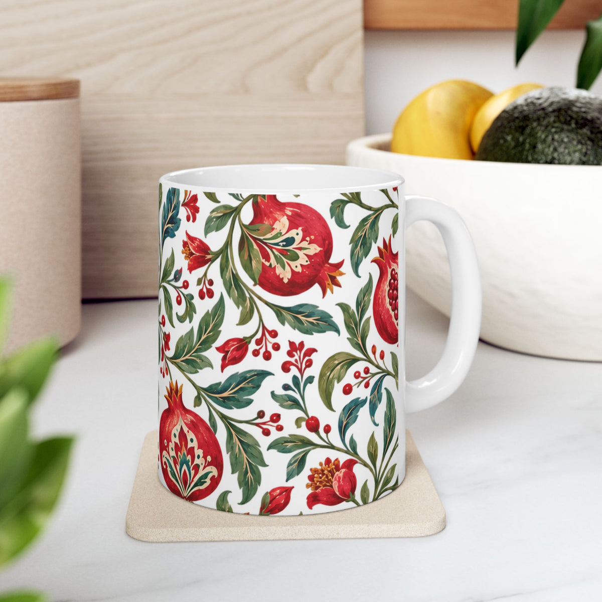 Pomegranate Floral Ceramic Mug — Red & Green Botanical Pattern (11oz, 15oz)