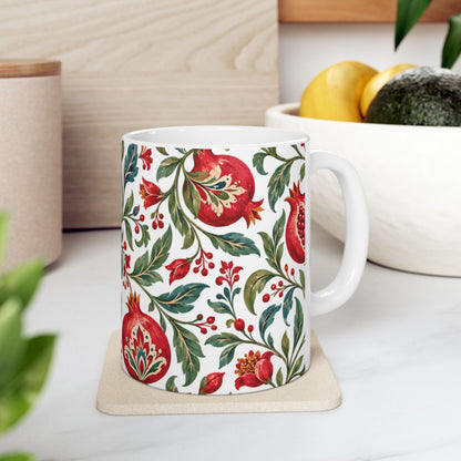 Pomegranate Floral Ceramic Mug — Red & Green Botanical Pattern (11oz, 15oz)