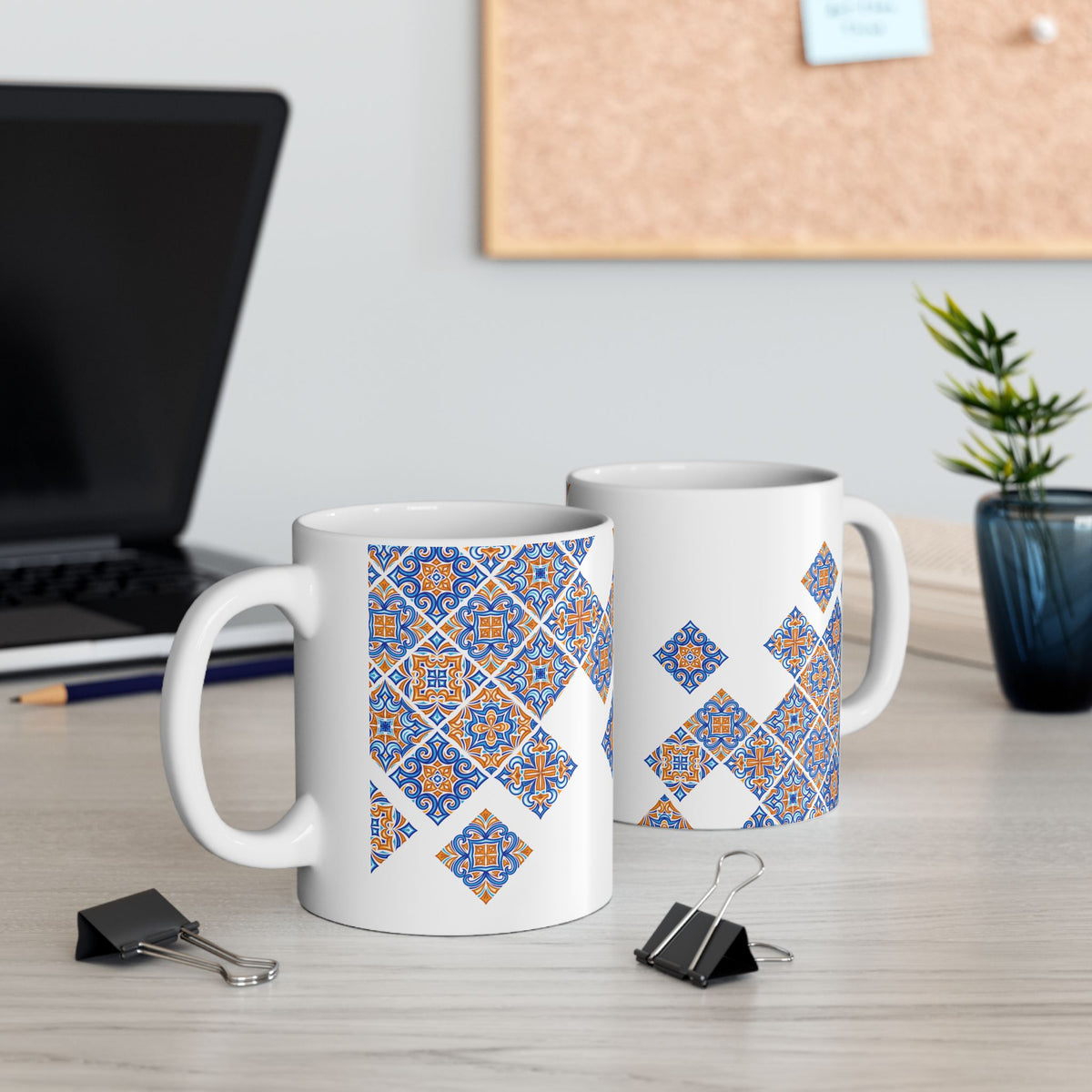 Ceramic Mug — Blue & Orange Moroccan Tile Pattern (11oz, 15oz)