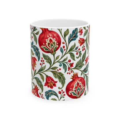 Pomegranate Floral Ceramic Mug — Red & Green Botanical Pattern (11oz, 15oz)