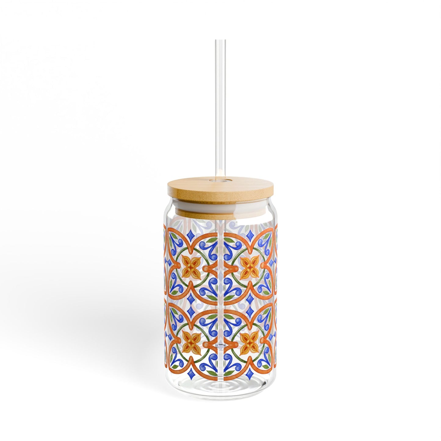 Terracotta Mediterranean Tile Glass Cup with Lid & Straw, 16oz Vintage Mosaic Drinkware
