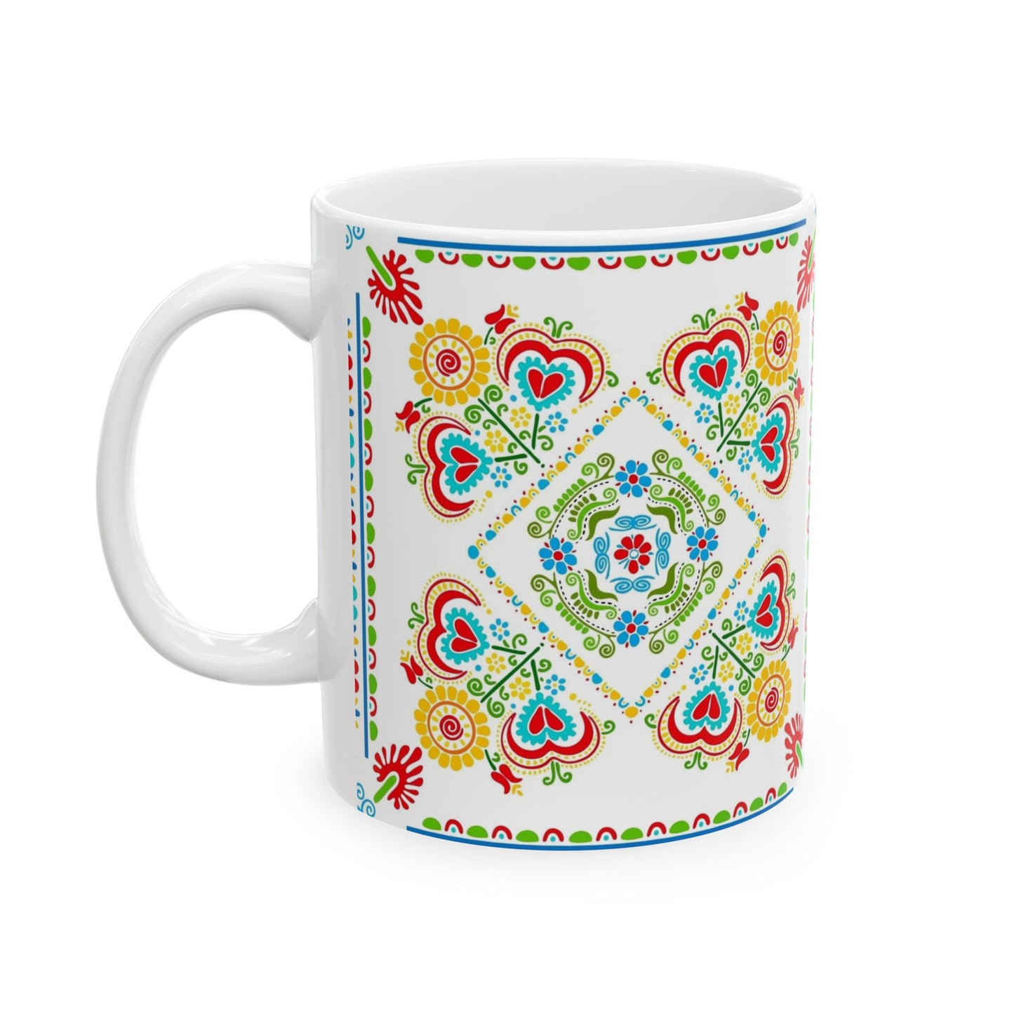 Floral Folk Art Ceramic Mug — Colorful Scandinavian-Inspired Pattern (11oz, 15oz)