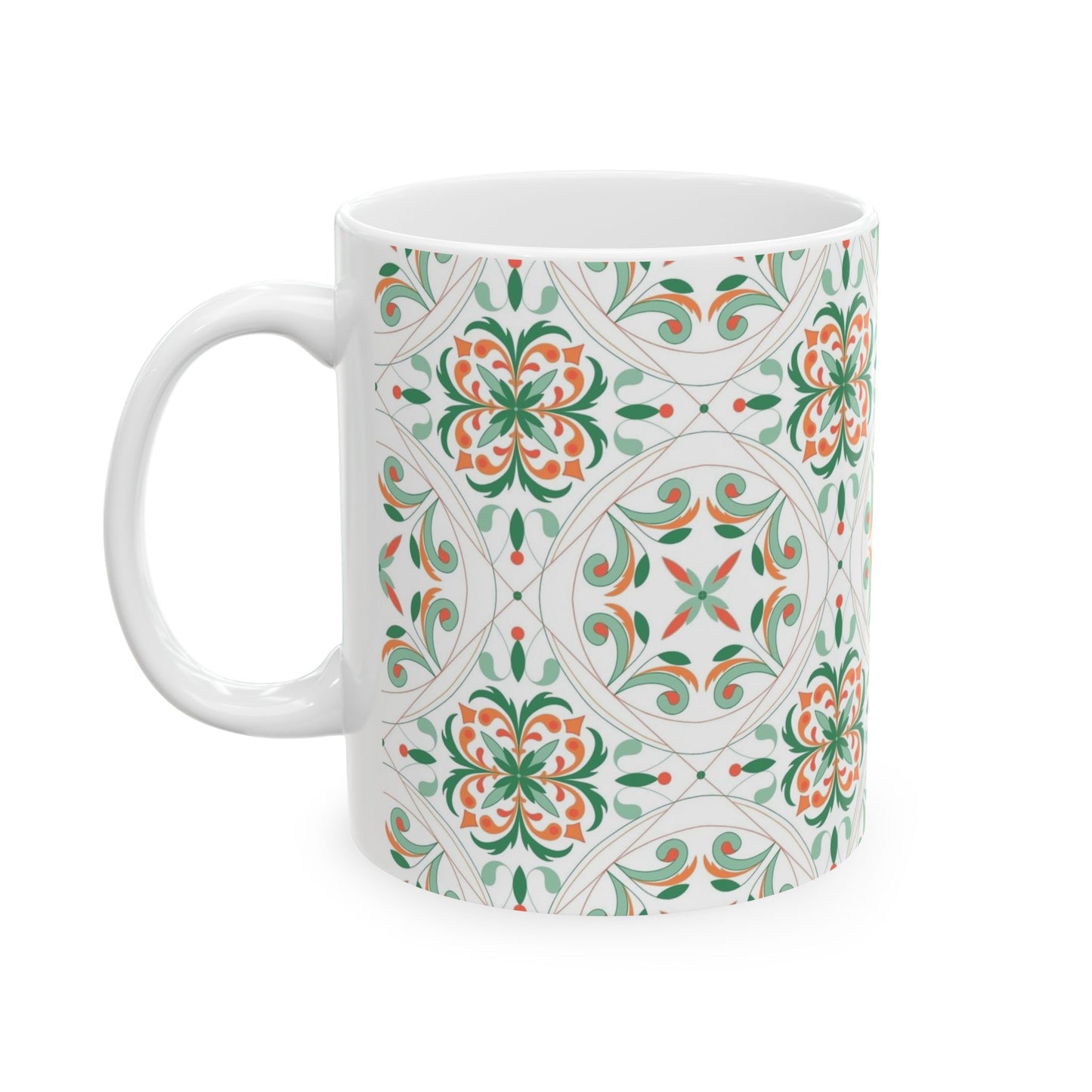 Moroccan Tile Pattern Ceramic Mug – Green & Coral Floral 11oz/15oz