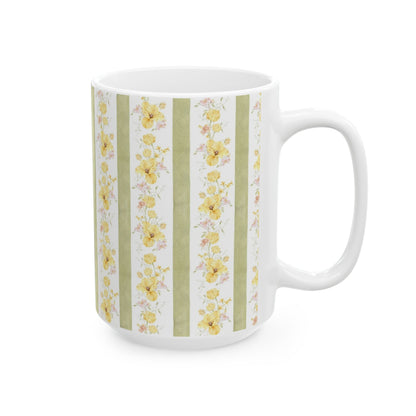 Floral Stripe Ceramic Mug – Vintage Yellow Rose Pattern (11oz & 15oz)