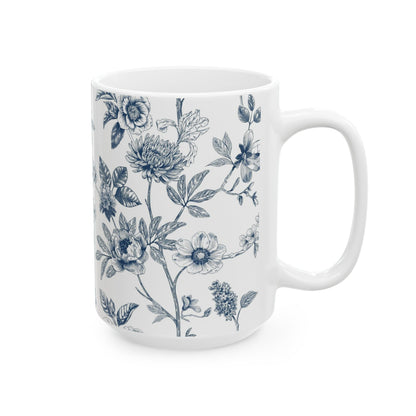 Blue Floral Ceramic Mug – Vintage Botanical 11oz & 15oz Coffee Cup