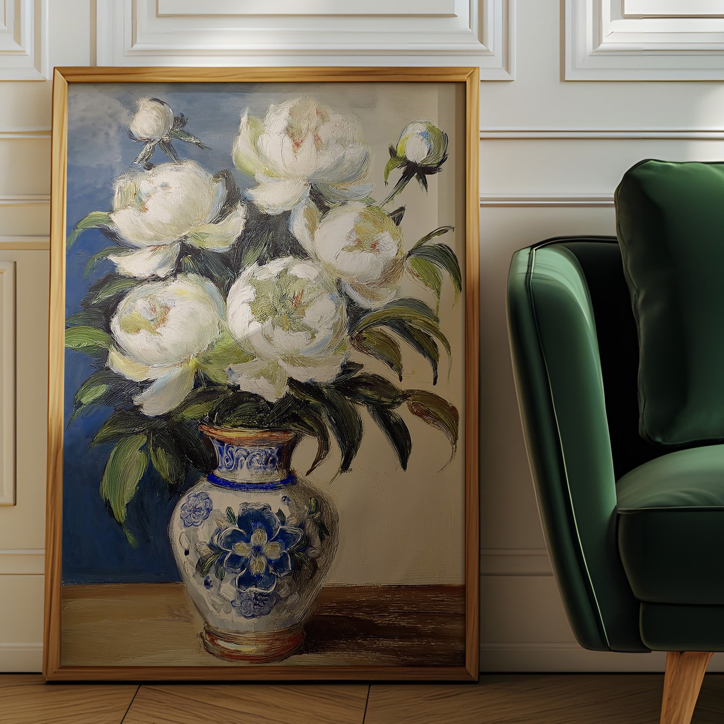 Vintage White Peonies in Blue Porcelain Vase (Digital Download)