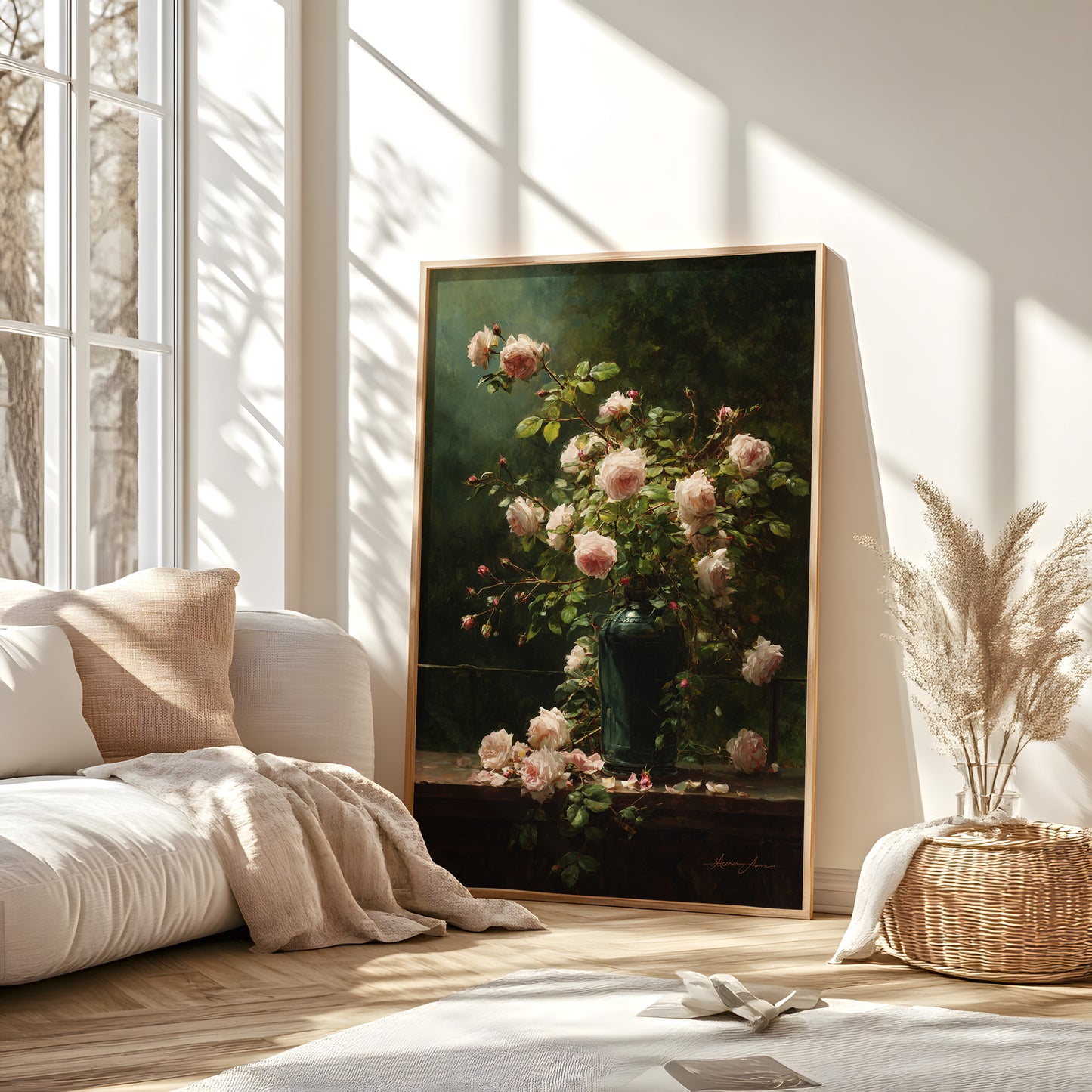 Vintage Pink Roses in Green Vase Still Life (Digital Download)