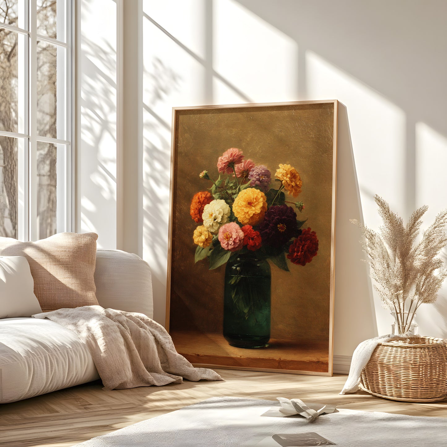 Vintage Zinnia Bouquet in Green Glass Vase (Digital Download)