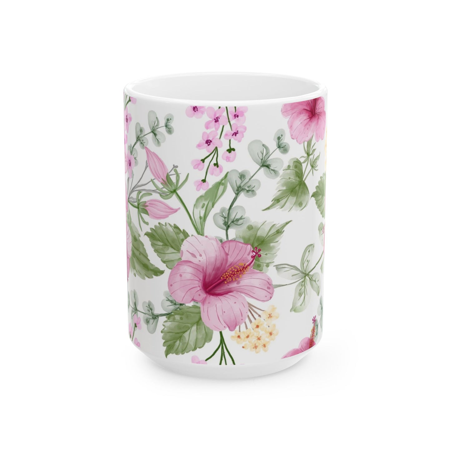 Pink Hibiscus Floral Ceramic Mug – Botanical Coffee Cup (11oz & 15oz)