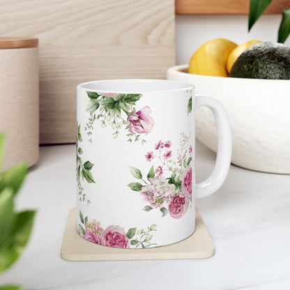 Floral Rose Ceramic Mug — Vintage Pink Garden Tea Coffee Cup (11oz & 15oz)