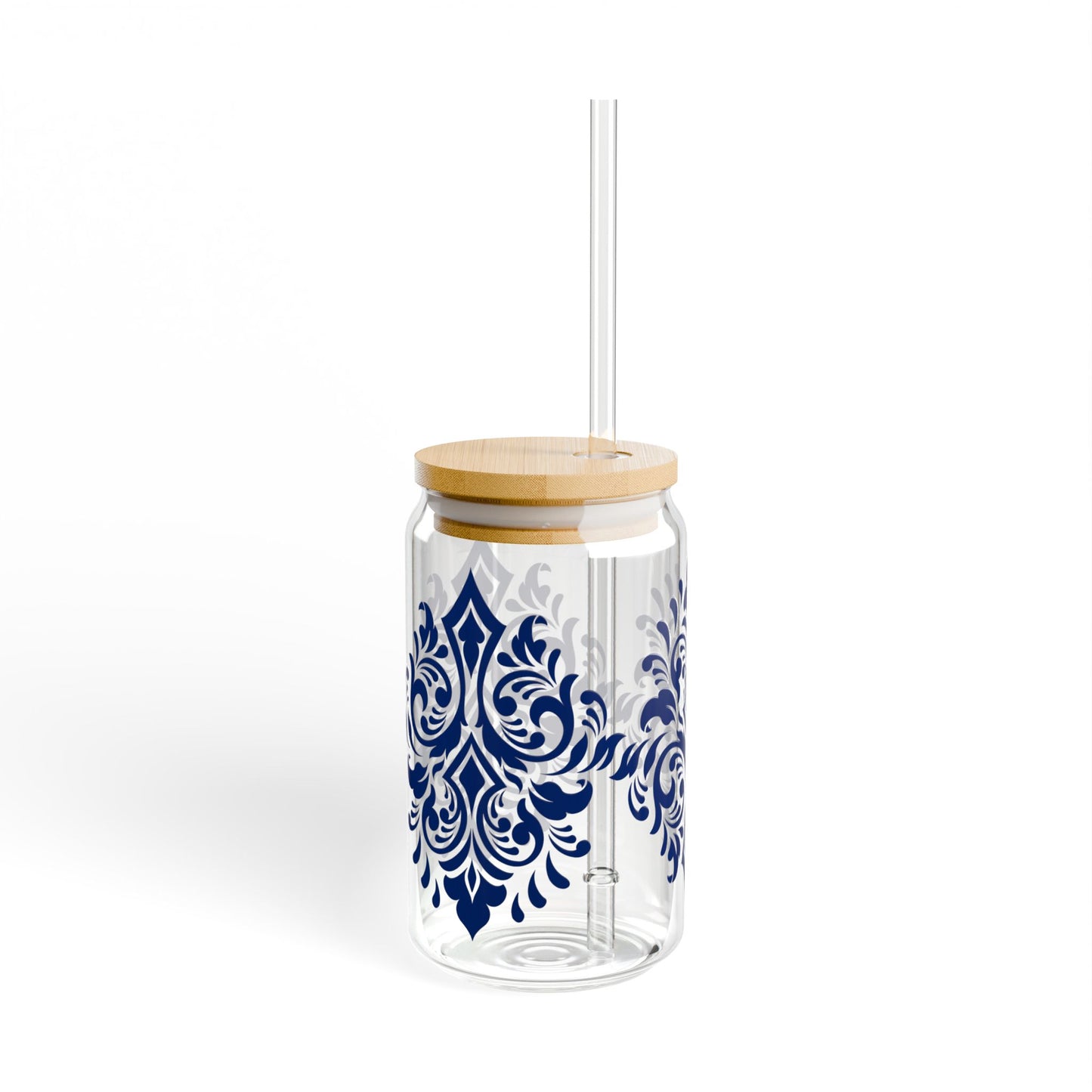Royal Blue Damask Glass Cup with Lid & Straw – 16oz Vintage Aesthetic Drinkware