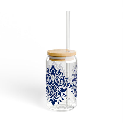 Royal Blue Damask Glass Cup with Lid & Straw – 16oz Vintage Aesthetic Drinkware