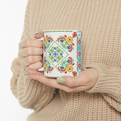 Floral Folk Art Ceramic Mug — Colorful Scandinavian-Inspired Pattern (11oz, 15oz)