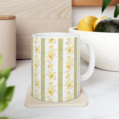 Floral Stripe Ceramic Mug – Vintage Yellow Rose Pattern (11oz & 15oz)