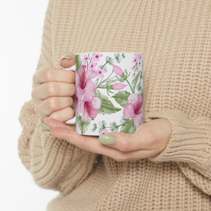 Pink Hibiscus Floral Ceramic Mug – Botanical Coffee Cup (11oz & 15oz)