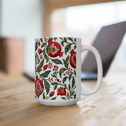 Pomegranate Floral Ceramic Mug — Red & Green Botanical Pattern (11oz, 15oz)