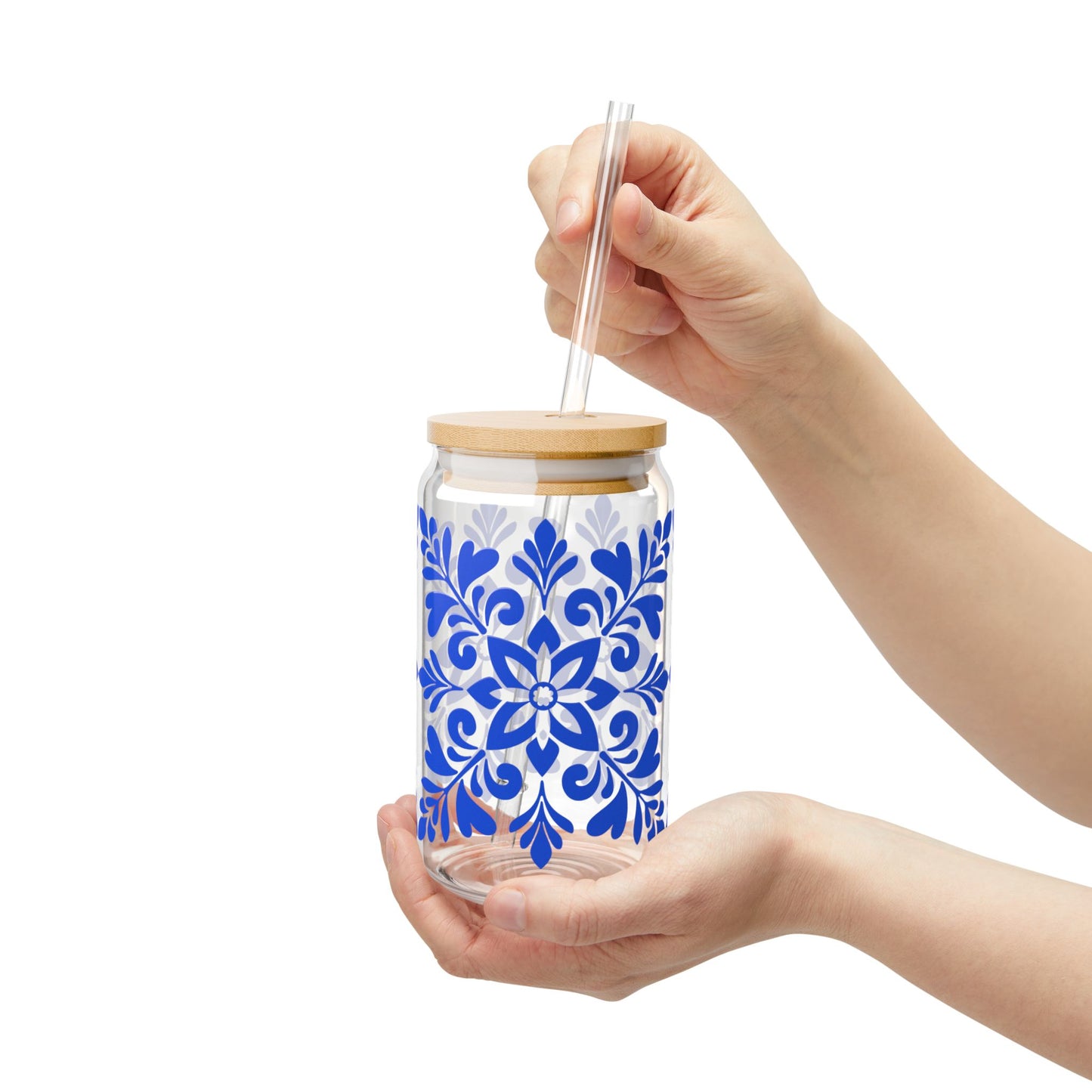Blue Floral Mason Sipper Glass