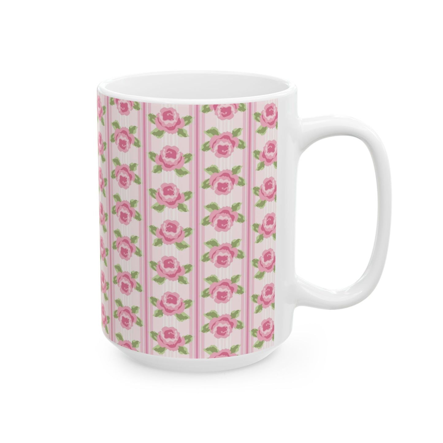 Pink Rose Stripe Ceramic Mug — Floral Vintage Tea Coffee Cup (11oz & 15oz)