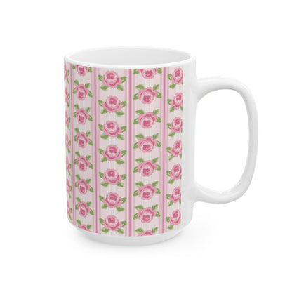 Pink Rose Stripe Ceramic Mug — Floral Vintage Tea Coffee Cup (11oz & 15oz)