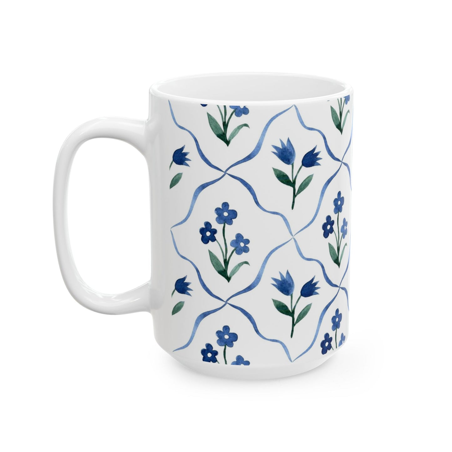 Blue Floral Ceramic Mug — Handpainted Tile Pattern (11oz & 15oz)