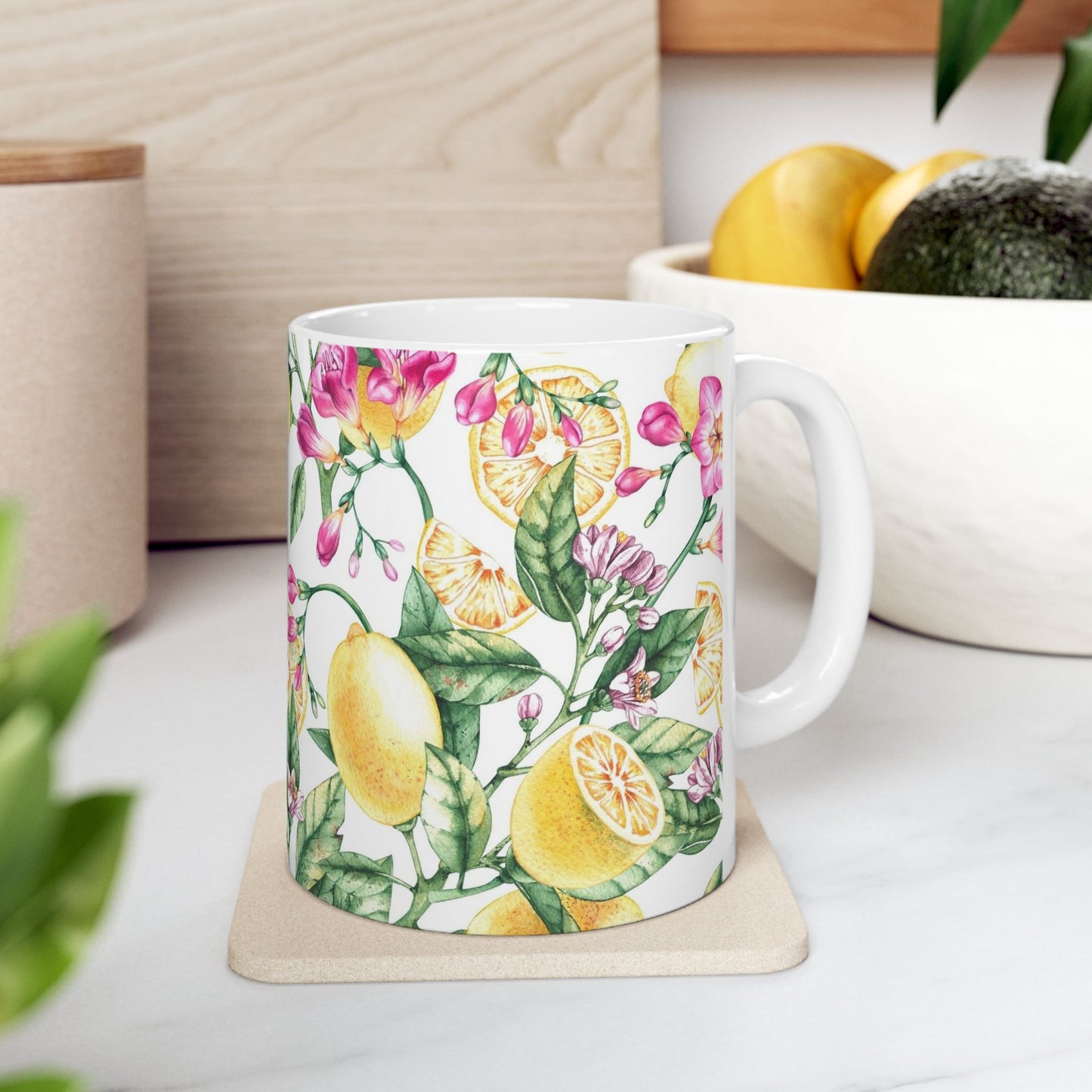 Citrus Blossom Ceramic Mug — Floral Lemon Pattern Coffee Cup (11oz & 15oz)