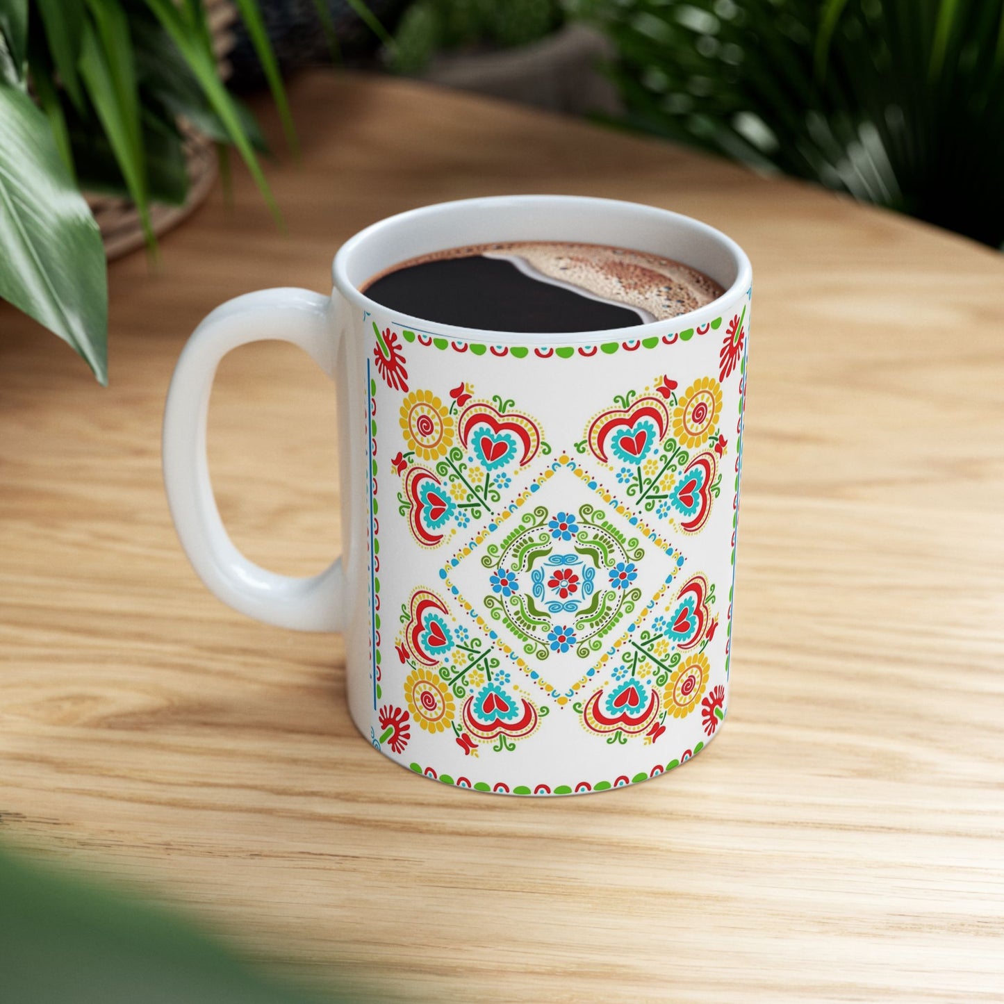 Floral Folk Art Ceramic Mug — Colorful Scandinavian-Inspired Pattern (11oz, 15oz)