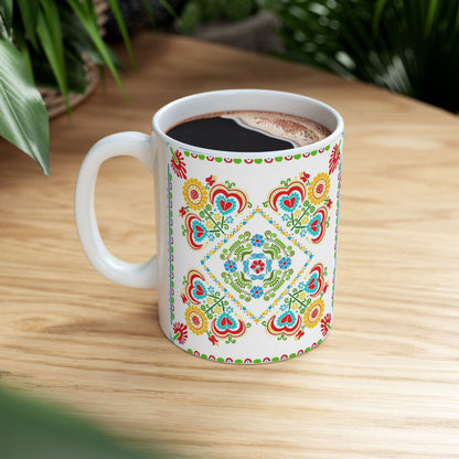 Floral Folk Art Ceramic Mug — Colorful Scandinavian-Inspired Pattern (11oz, 15oz)