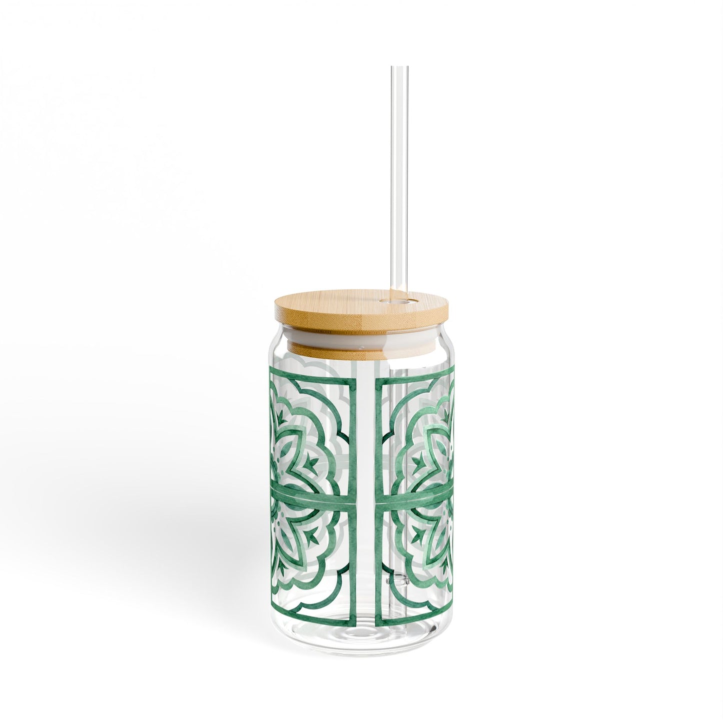 Emerald Moroccan Tile Glass Cup with Lid & Straw – 16oz Aesthetic Vintage Drinkware
