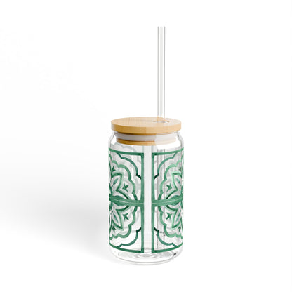 Emerald Moroccan Tile Glass Cup with Lid & Straw – 16oz Aesthetic Vintage Drinkware