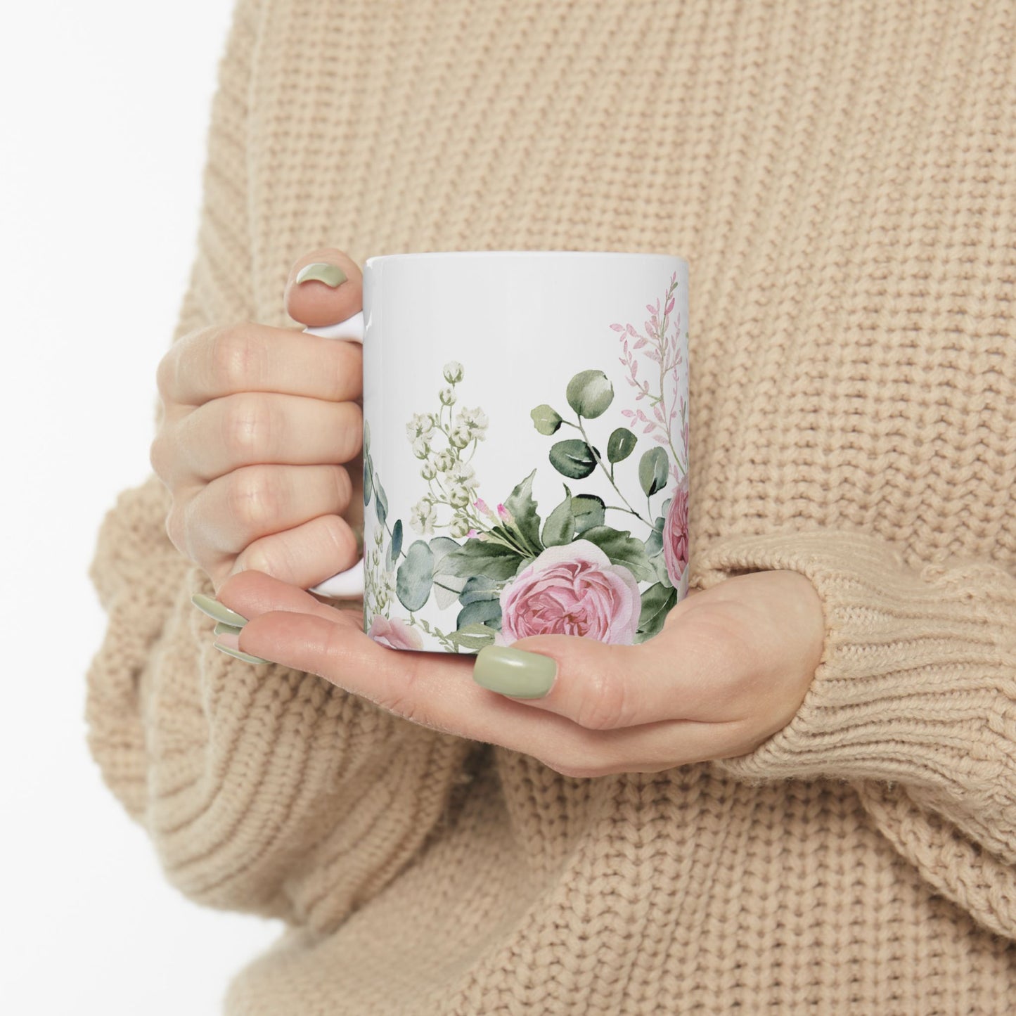 Floral Rose Garden Ceramic Mug — Pink Watercolor Bouquet (11oz & 15oz)