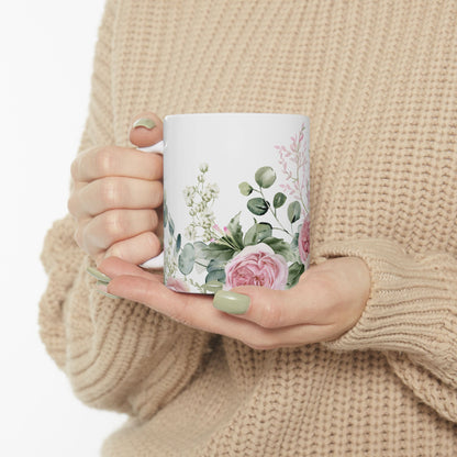 Floral Rose Garden Ceramic Mug — Pink Watercolor Bouquet (11oz & 15oz)