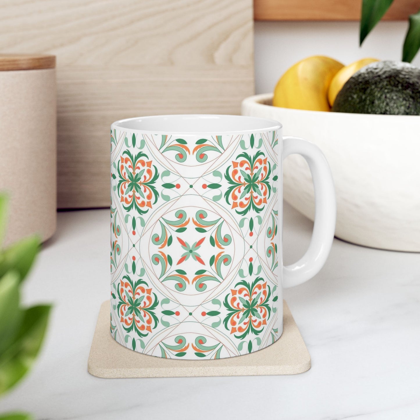 Moroccan Tile Pattern Ceramic Mug – Green & Coral Floral 11oz/15oz