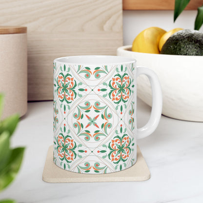 Moroccan Tile Pattern Ceramic Mug – Green & Coral Floral 11oz/15oz