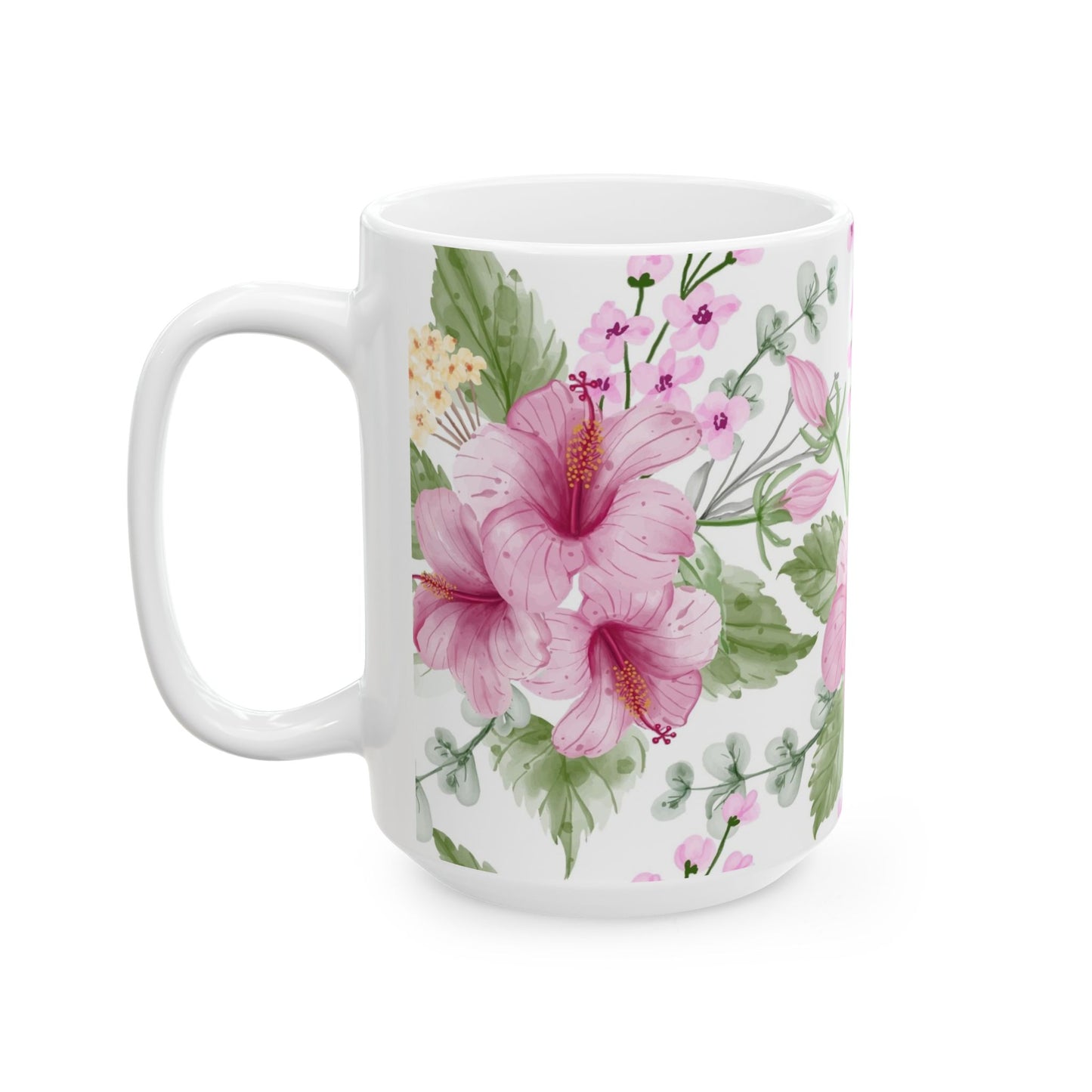 Pink Hibiscus Floral Ceramic Mug – Botanical Coffee Cup (11oz & 15oz)