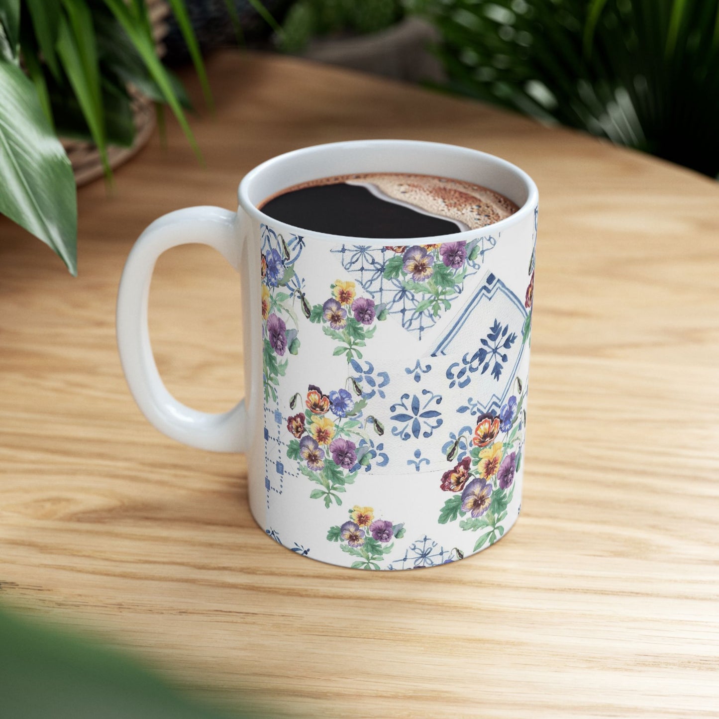 Vintage Pansy Floral Ceramic Mug – Blue Tile Pattern (11oz & 15oz)