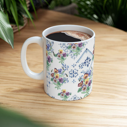 Vintage Pansy Floral Ceramic Mug – Blue Tile Pattern (11oz & 15oz)