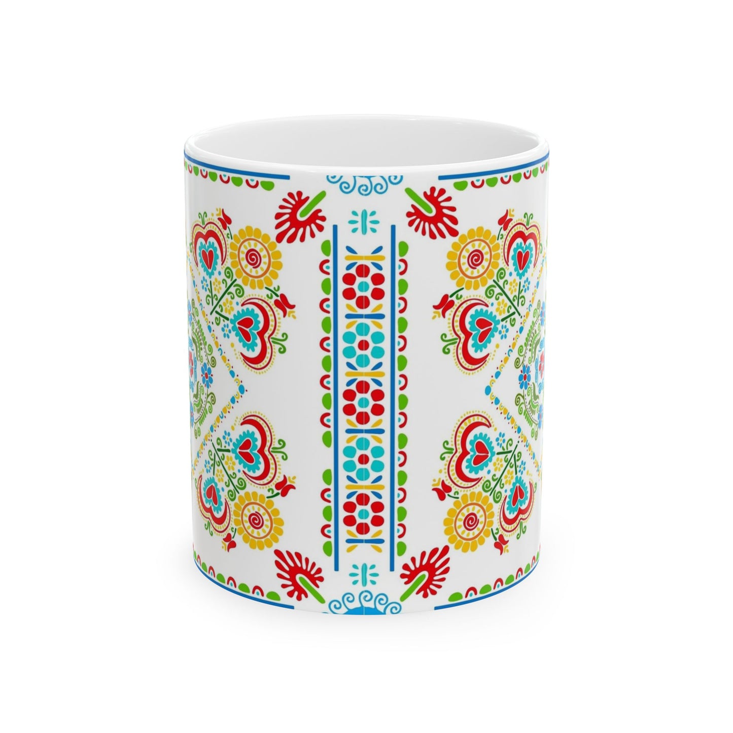 Floral Folk Art Ceramic Mug — Colorful Scandinavian-Inspired Pattern (11oz, 15oz)