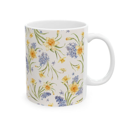 Floral Spring Bouquet Ceramic Mug — Blue Hyacinth & Yellow Daffodil 11oz/15oz