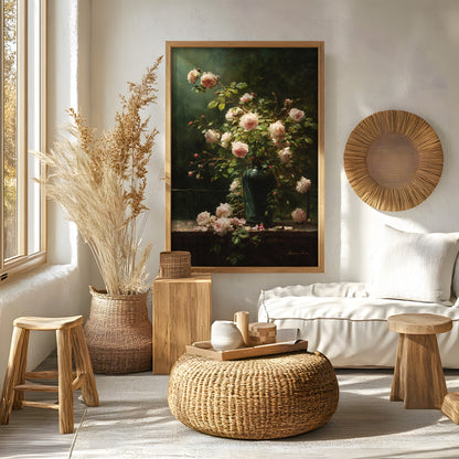Vintage Pink Roses in Green Vase Still Life (Digital Download)