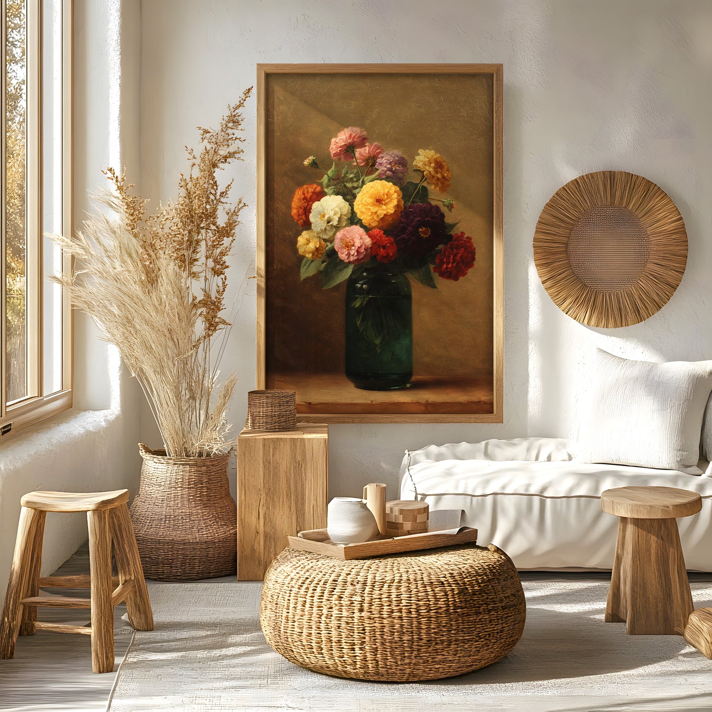 Vintage Zinnia Bouquet in Green Glass Vase (Digital Download)
