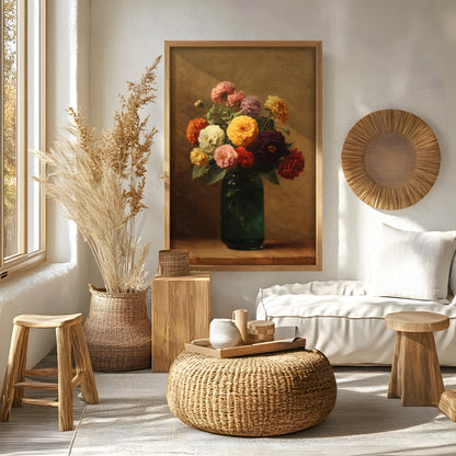 Vintage Zinnia Bouquet in Green Glass Vase (Digital Download)