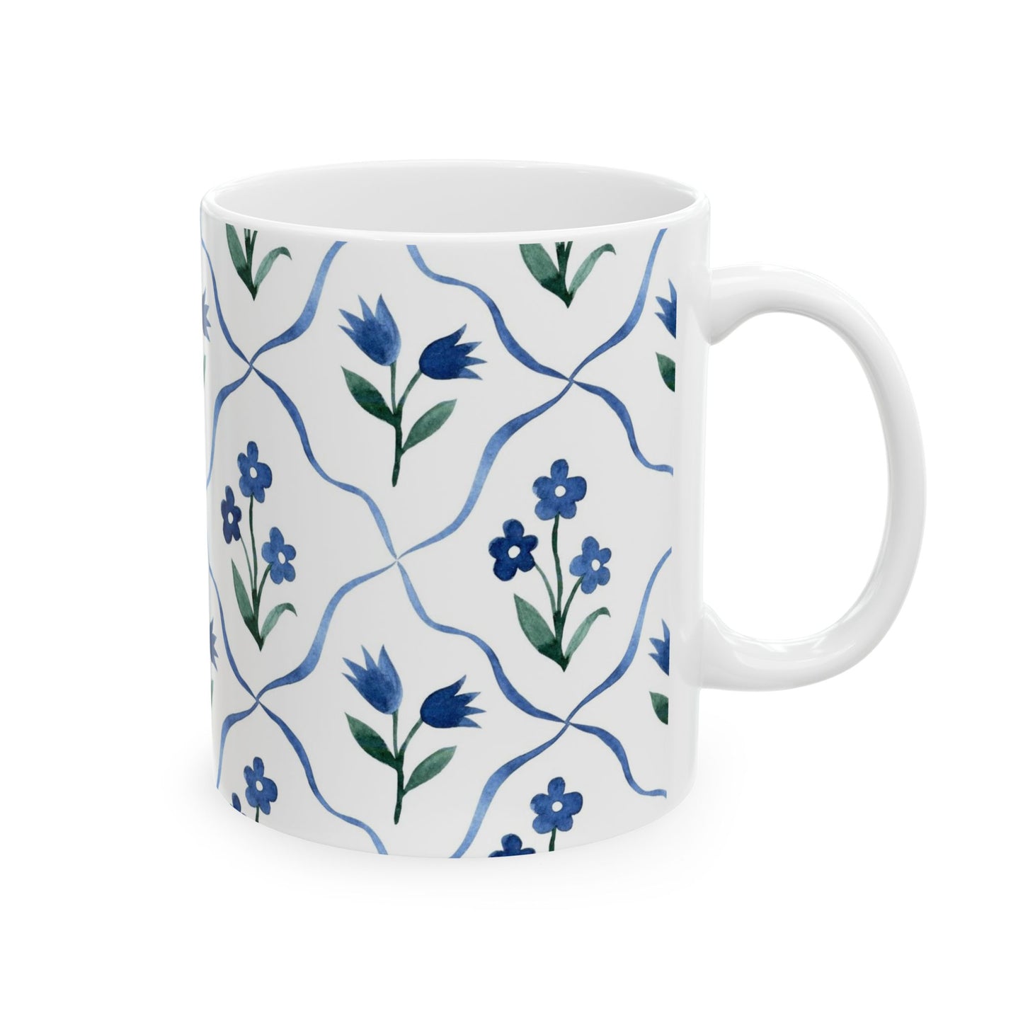 Blue Floral Ceramic Mug — Handpainted Tile Pattern (11oz & 15oz)