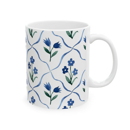 Blue Floral Ceramic Mug — Handpainted Tile Pattern (11oz & 15oz)