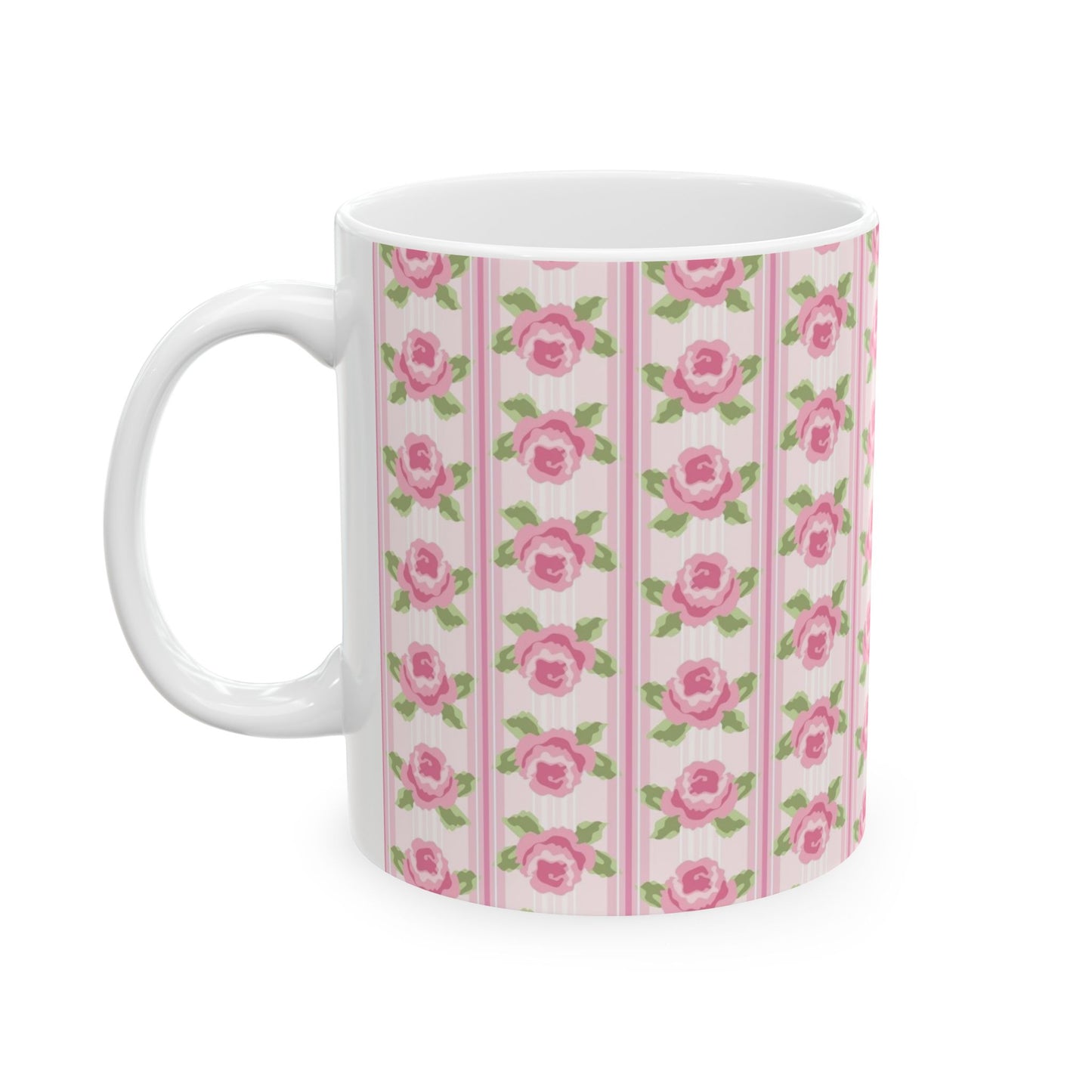 Pink Rose Stripe Ceramic Mug — Floral Vintage Tea Coffee Cup (11oz & 15oz)