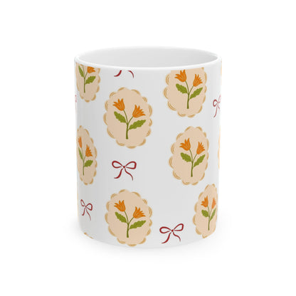 Floral Medallion Ceramic Mug — Vintage Orange Tulip Pattern (11oz & 15oz)