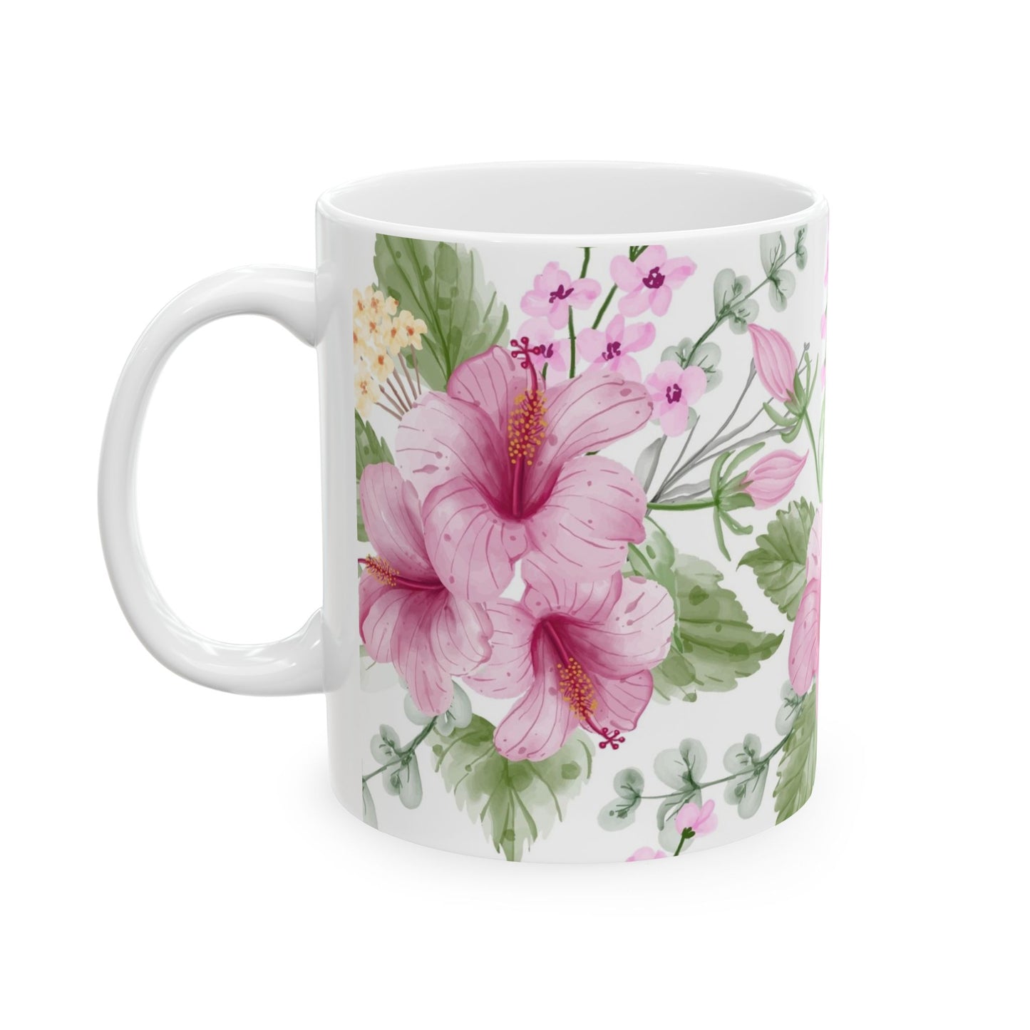 Pink Hibiscus Floral Ceramic Mug – Botanical Coffee Cup (11oz & 15oz)