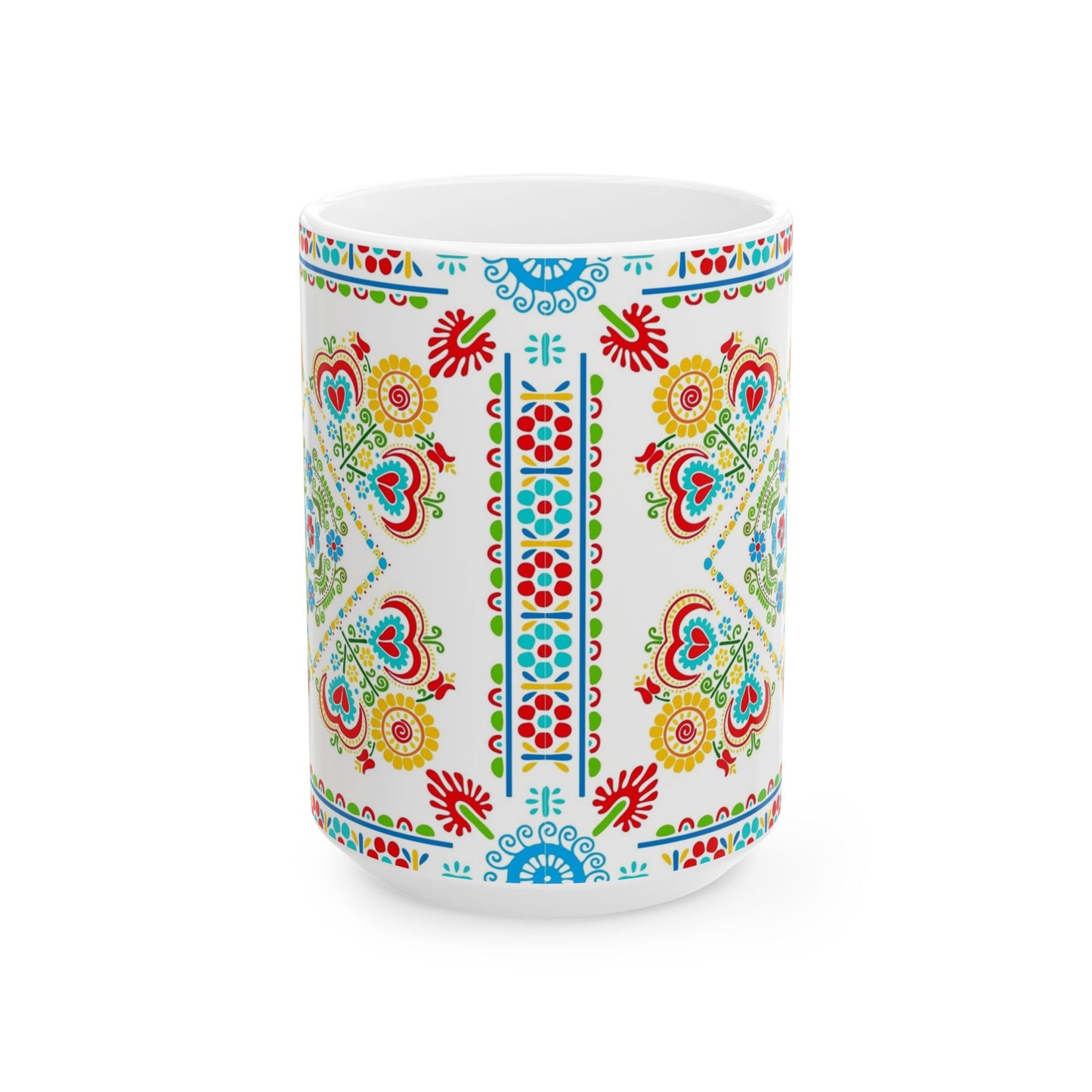 Floral Folk Art Ceramic Mug — Colorful Scandinavian-Inspired Pattern (11oz, 15oz)