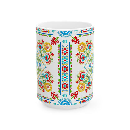 Floral Folk Art Ceramic Mug — Colorful Scandinavian-Inspired Pattern (11oz, 15oz)