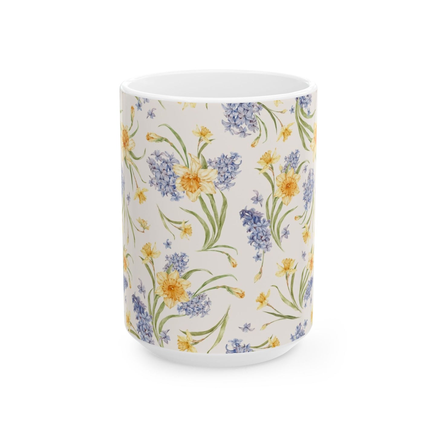 Floral Spring Bouquet Ceramic Mug — Blue Hyacinth & Yellow Daffodil 11oz/15oz