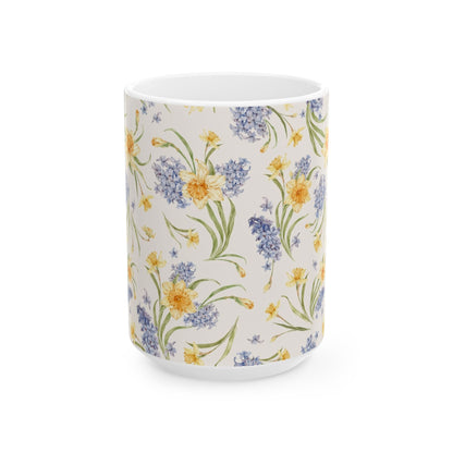 Floral Spring Bouquet Ceramic Mug — Blue Hyacinth & Yellow Daffodil 11oz/15oz